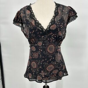 Vintage Y2K GAP Silk Babydoll Top Size XL Black Floral Whimsigoth Fairy Chiffon